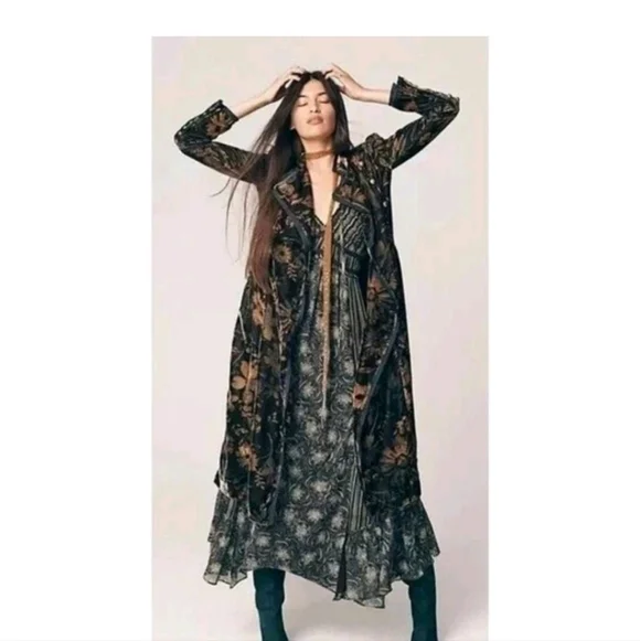 🆕️ Free People Hazel Velvet Puff Sleeve Duster Long Jacket Medium Black Boho - Picture 9 of 16